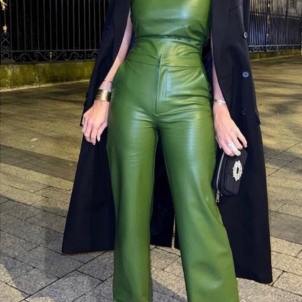 Zara Olive Green Faux Leather Wide-Leg Jumpsuit